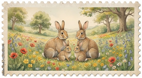 
Watercolor Family Of Brown Rabbits With Baby Bunnies Sitting In Flower Meadow With Wildflowers Inside Vintage Postage Stamp