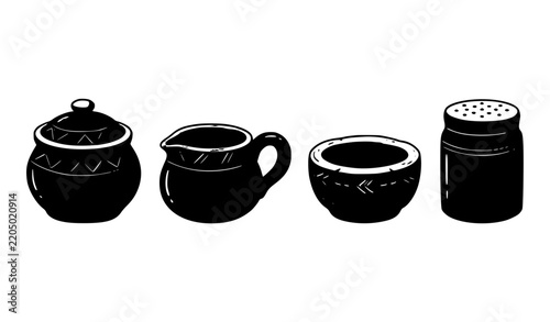 Rustic Handmade Clay Condiment Pots and Spice Containers Vector Clipart Set