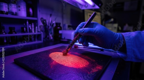 Forensic Scientist Dusting Fingerprint Under UV Light in Crime Scene Investigation Lab
