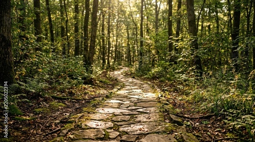 Stone pathway winding through a lush sun-dappled forest trail surrounded by tall trees and vibrant green foliage.