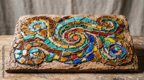 Vibrant Mosaic Art Piece Featuring Colorful Swirling Patterns and Textured Surface