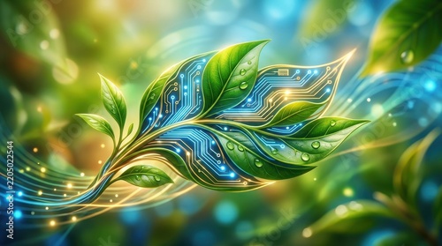 Vibrant Green Leaf Merging with Futuristic Blue Circuit Board in Digital Nature