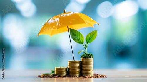 Yellow umbrella protecting growing financial investment and wealth. Umbrella sheltering a young plant growing from coin stacks, symbolizing financial protection and growth