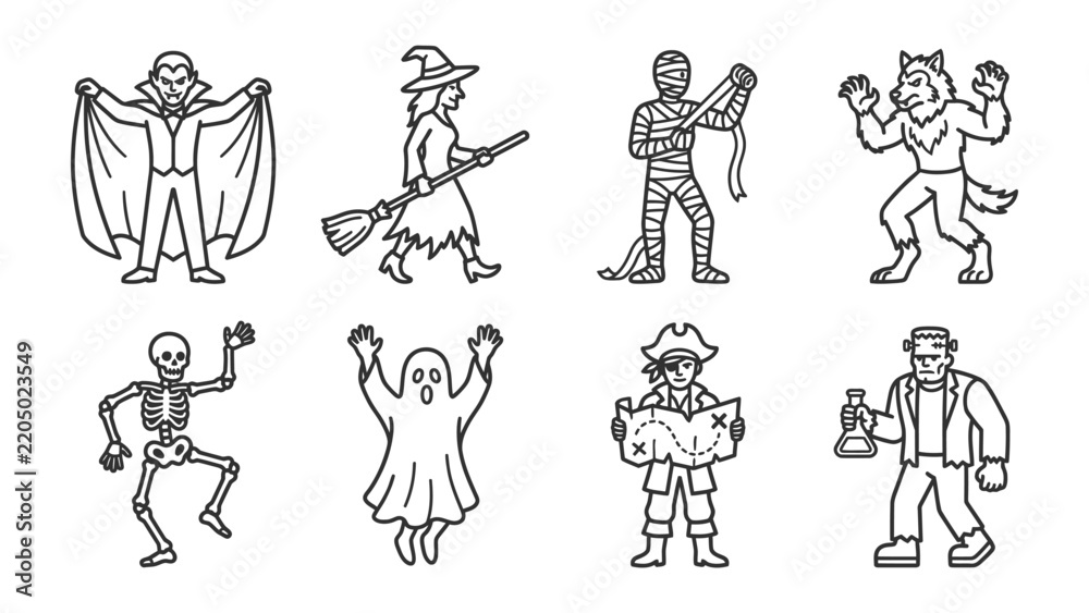 Fototapeta premium Halloween Character Icons: A collection of stylized line art icons representing classic Halloween characters including a vampire, witch, mummy, werewolf, skeleton, ghost, pirate.
