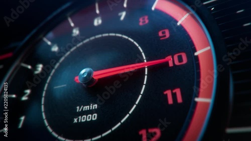 3D Animation: Dynamic Close-up Shot of Analogue Tachometer is Revving Up. Concept: Speed, Acceleration, Performance, Power. Mechanical Gauge Cluster of a Classic Sports Car. 