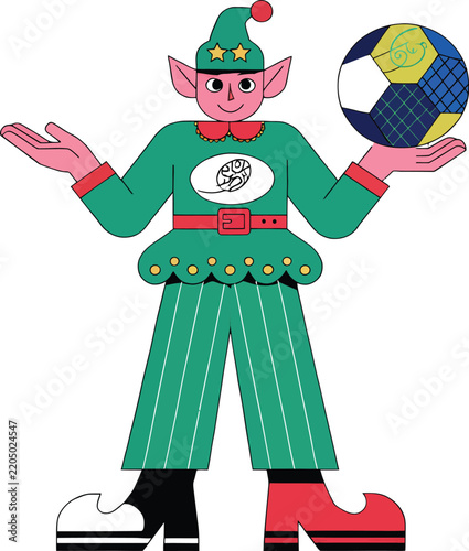 Elf balancing soccer ball with playful expression during holiday season