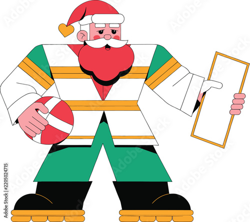 Santa Claus holding gift and blank sign during winter holidays with festive concept and flat illustration style