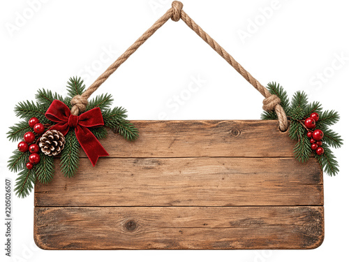 Rustic wooden sign with Christmas pine branches, red bow, and holly berries on hanging rope, 3D render isolated on transparent background for festive holiday signage or greeting card design