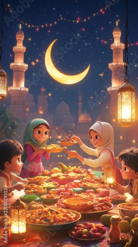 Joyful family sharing food during an iftar dinner celebration at dusk with lanterns and crescent moon
