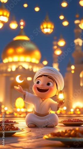 Joyful muslim boy celebrating ramadan with crescent moon