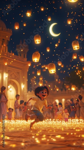 Joyful muslim child running through glowing lanterns during magical ramadan night celebration