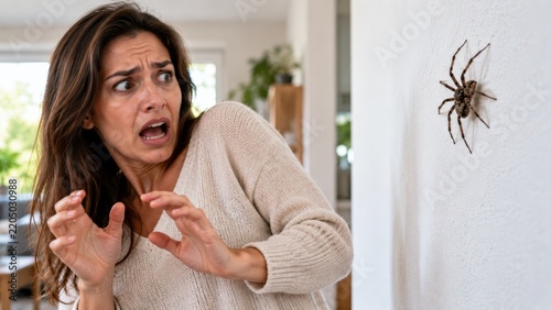  Terrified woman reacting in panic and fear facing a large spider on a white wall at home  