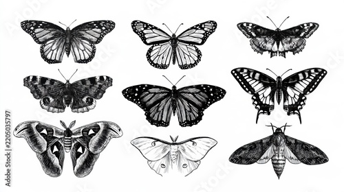 Collection shows various butterfly and moth species with crosshatch shading on a white background. It reflects a Victorian aesthetic.