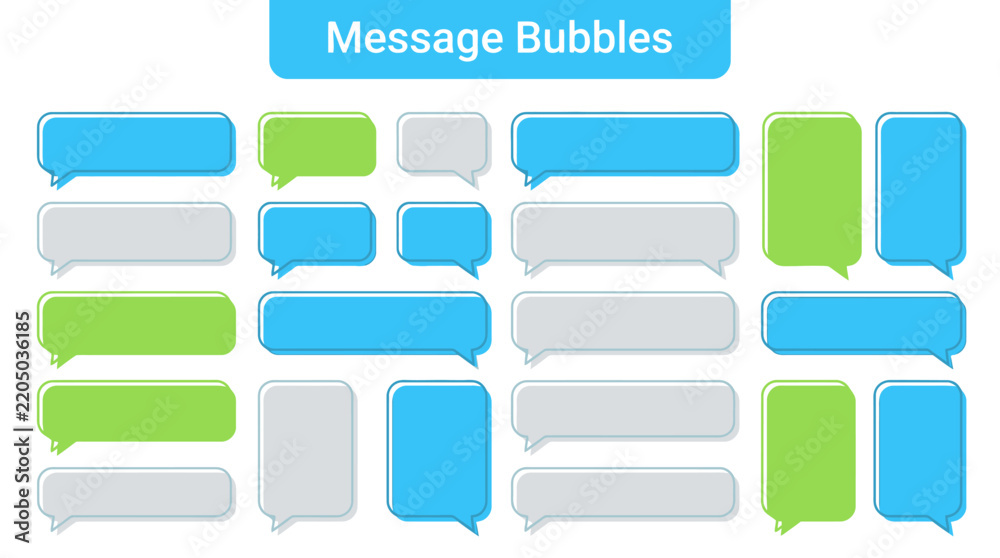 Fototapeta premium Colorful Chat Bubbles Set collection of blue, green, and grey speech balloons in various sizes on a white background ideal for social media mockups and perfect for user interface design.