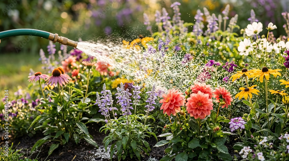 Naklejka premium Watering flower bed with garden hose in vibrant garden filled with blooming plants and assorted flowers. Garden hose sprays water on colorful flowers, including dahlias and coneflowers.