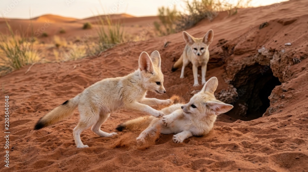 Obraz premium Playful Fennec Foxes in the Desert: Three adorable fennec foxes frolic and play amidst the sandy dunes of the desert, near their burrow entrance.