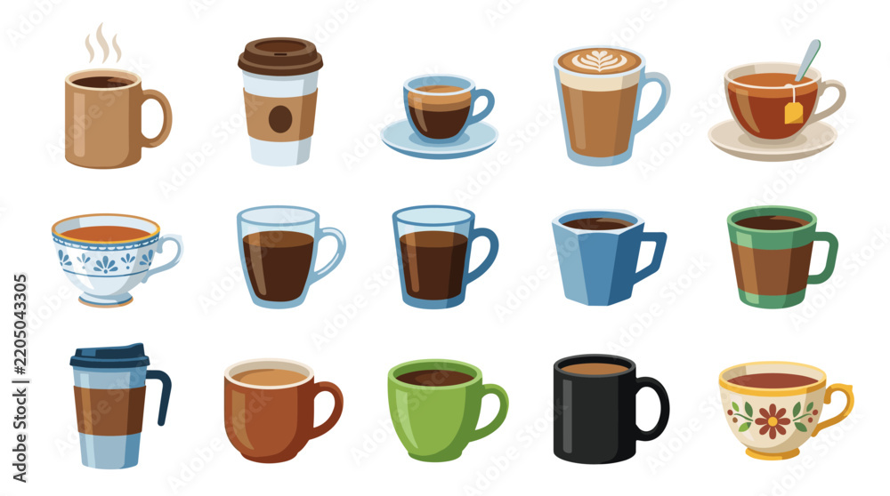 Fototapeta premium Collection of coffee and tea cup vector icons featuring espresso glasses, latte art, cappuccinos, takeaway paper cups, reusable travel mugs, ceramic mugs, and ornate decorative teacups.