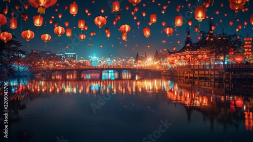 Chinese New Year lantern festival with thousands of glowing red lanterns