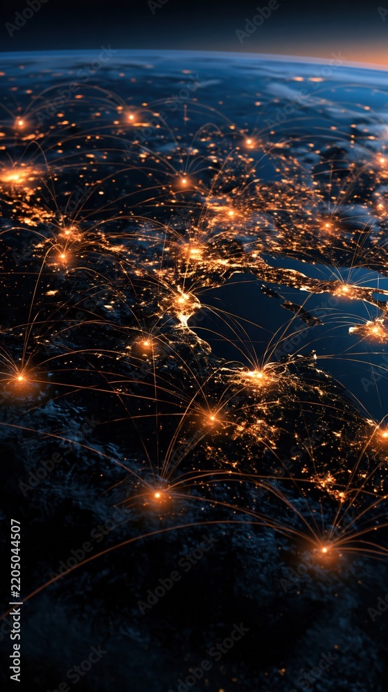 Fototapeta premium Global network connections illuminating Earth at night, showcasing interconnected cities and vast digital communication pathways