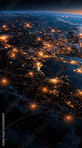 Global network connections illuminating Earth at night, showcasing interconnected cities and vast digital communication pathways