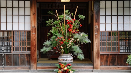 Traditional Japanese Kadomatsu New Year decoration with pine and bamboo