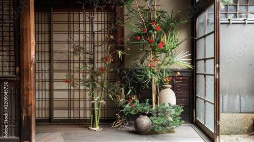 Traditional Japanese Kadomatsu New Year decoration with pine and bamboo