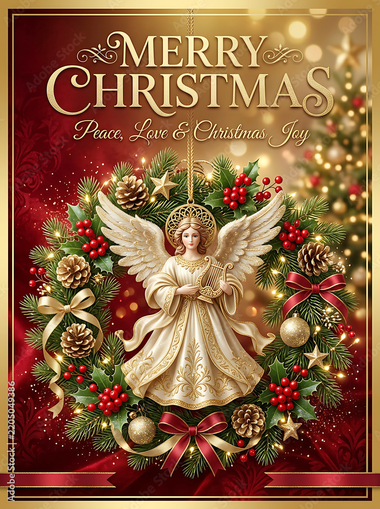 Fototapeta premium Elegant merry christmas greeting card featuring a beautiful angel figurine inside a festive holiday wreath