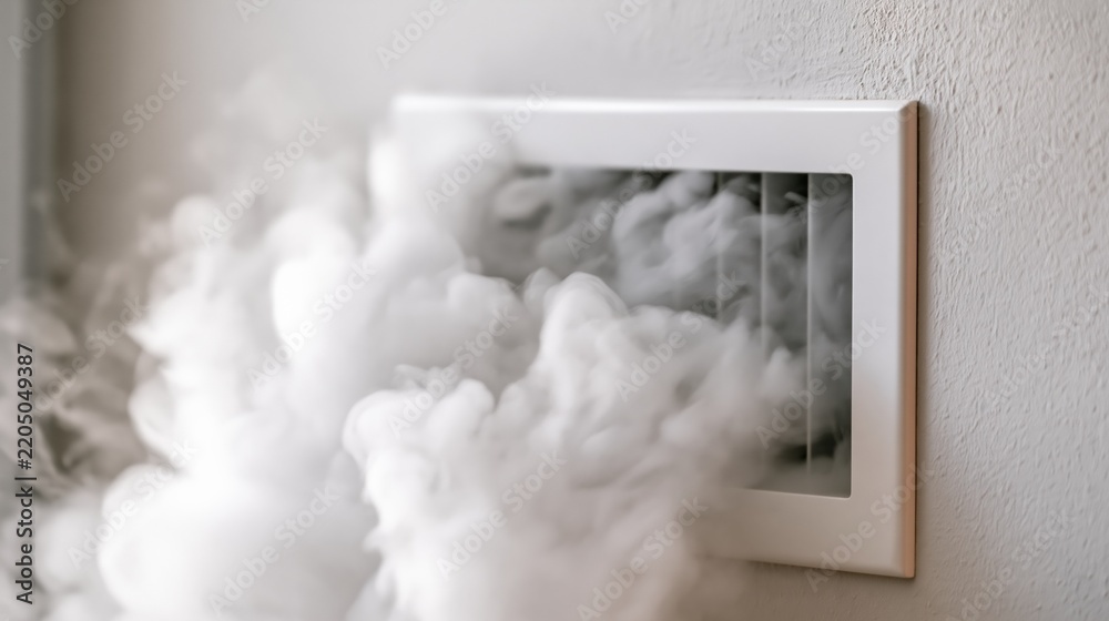 Fototapeta premium Thick white smoke billowing out of a white wall air vent, symbolizing a fire or ventilation issue
