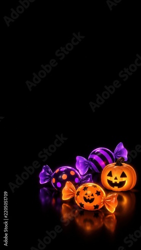 Halloween candy and glowing pumpkins with large black copy space for vertical festive poster