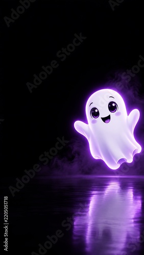 Cute glowing ghost in purple smoke with large black copy space for vertical Halloween poster