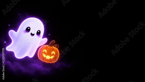 Cute glowing ghost holding jack-o-lantern with wide black copy space for Halloween banner