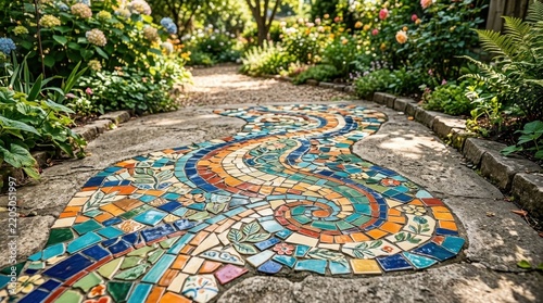Vibrant Mosaic Garden Pathway Adorned with Colorful Ceramic Tiles and Floral Motifs Amidst Lush Greenery
