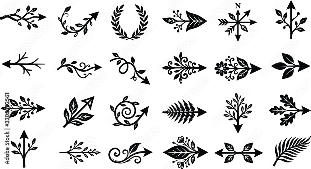 Fototapeta premium Floral arrow vector icon set with botanical leaf elements