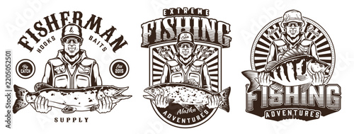 Three vintage fishing-themed logos