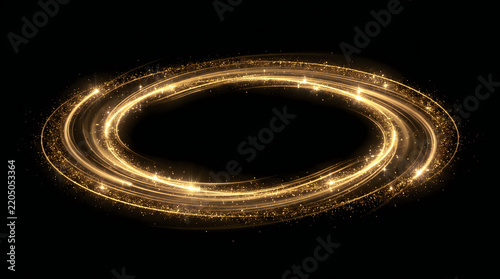 Glowing golden light circle with spinning sparkles and abstract energy trail isolated on black background