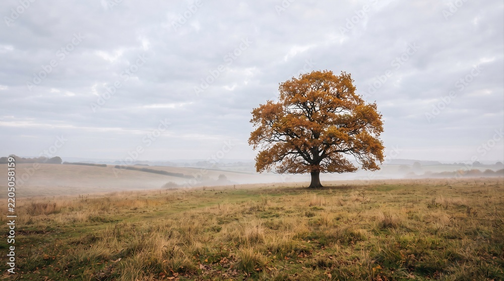 Obraz premium A solitary oak tree (Quercus spp.) stands in a misty, open field under an overcast sky. The tree displays autumnal foliage in shades of brown and orange.