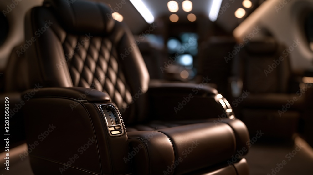 Obraz premium Luxury Leather Aircraft Seat with Quilted Detailing and Ambient Lighting