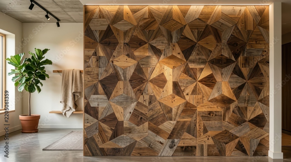 Obraz premium Unique Geometric Wood Panel Wall With Reclaimed Wood Textures Creating a Striking Interior Design Accent