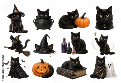 PNG Halloween black cat collection with pumpkin and witch hats