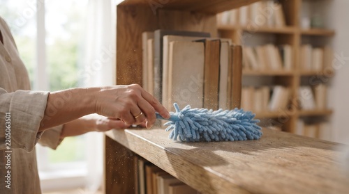 A person's hands are seen dusting a wooden bookshelf filled with old books using a blue microfiber duster in a bright room.