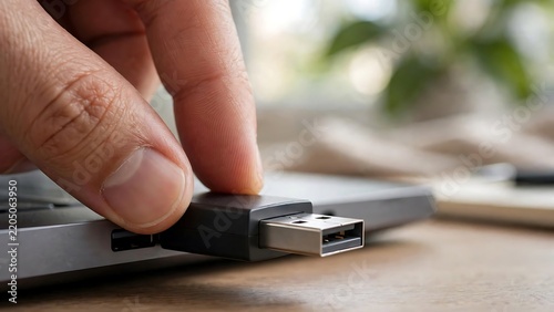 A person's hand carefully inserting a black USB flash drive into the side port of a silver laptop computer on a wooden desk.