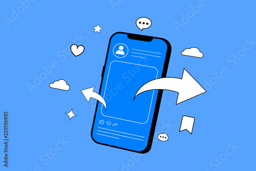 Mobile phone social media app interface featuring floating interaction icons such as arrows, hearts, and comments for digital marketing engagement concepts.