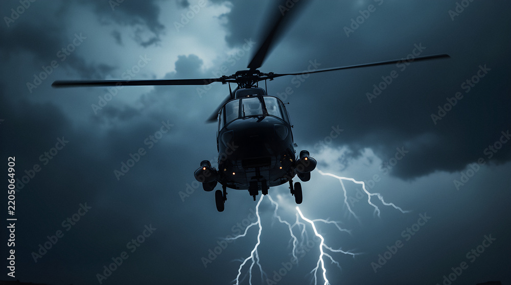 Fototapeta premium Black helicopter descending through storm clouds illuminated by lightning in turbulent night sky