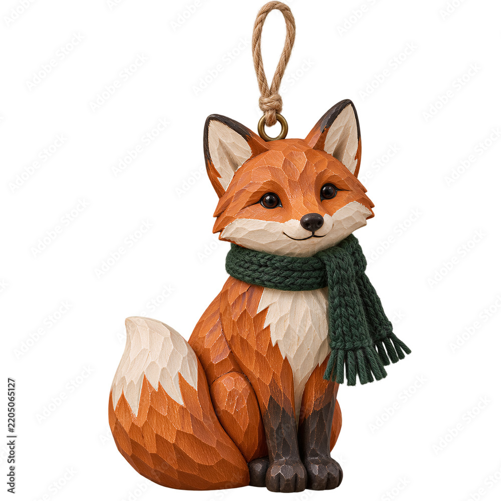 Obraz premium Carved wooden fox figurine wearing green scarf, isolated on transparent background. Woodcraft ornament, seasonal decoration, rustic home decor.