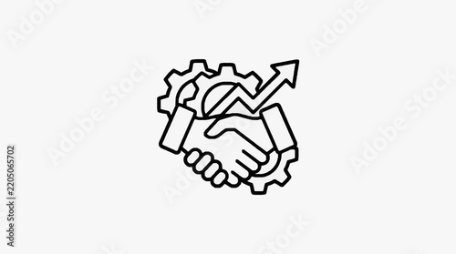 Handshake with interlocking gears and upward growth arrow symbolizing partnership and progress