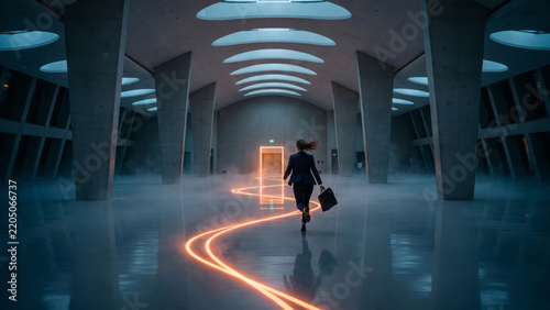 Businesswoman running through a futuristic architectural hall with a glowing light path