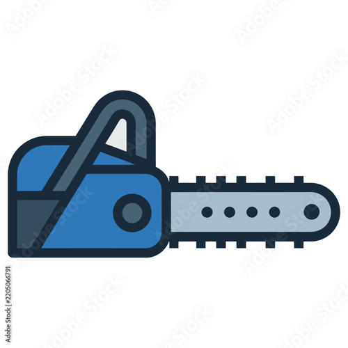 A simple flat blue vector icon of a handheld chainsaw with a long jagged cutting blade