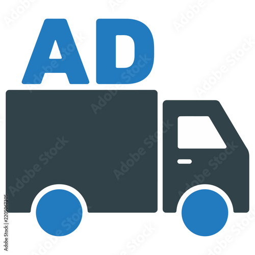 A flat blue and dark gray delivery truck icon vector illustration representing advertising logistics