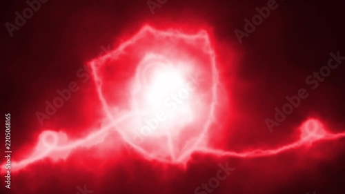 Glowing shield animation featuring intense red electric line art and a padlock symbol moving on a dark background. 4K animation.