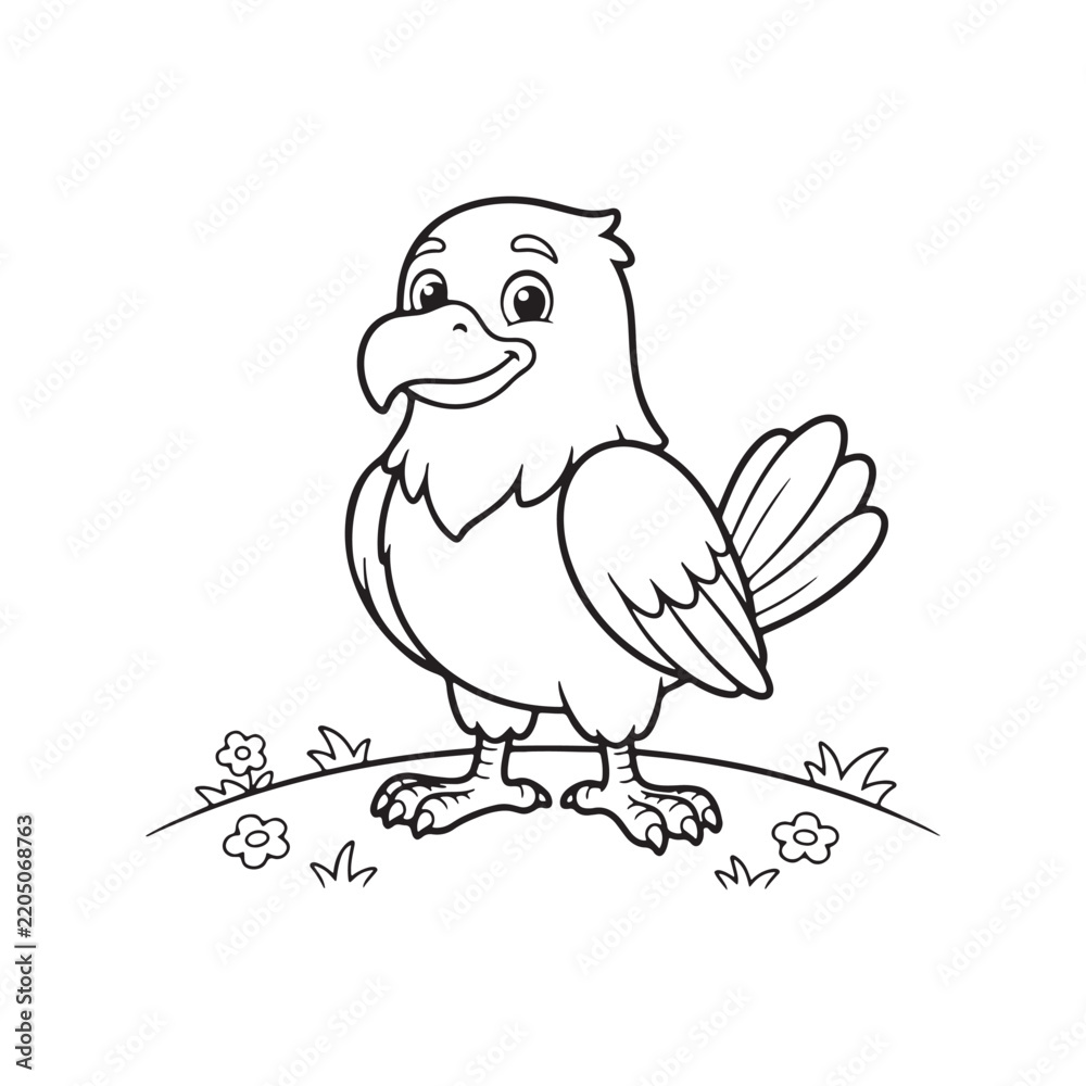 Fototapeta premium Cute Cartoon Bird Standing on Grass, Simple Black and White Line Art Illustration